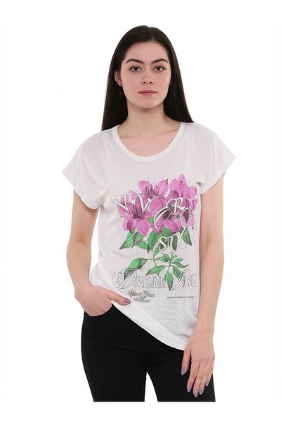 DHDmoda Women's Floral Sparkly Single Jersey Blouse