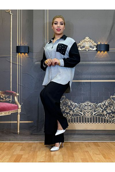 Yeşilmoda Suit,Summer,Women'S,Wide Leg, Split, Button,Linen,Applique Pocket,Shirt and Pants,High Waist
