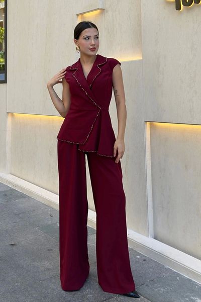 lodmela Asymmetrical Evening Dress Set with Beadwork Detail 2388-Burgundy
