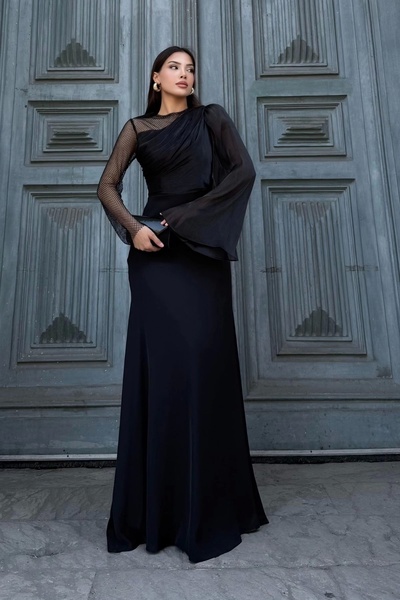 lodmela File Detaylı Abiye Elbise 2337-Siyah