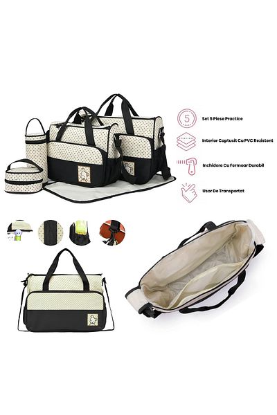 AVYRA Set Genti Bebe 5 Piese Pentru Maternitate Cu Geanta Scutece, Izolator Biberon, Pad Schimbat