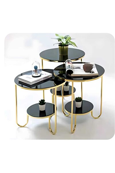 Furnitime Gold Detaylı Siyah Cam Zigon Sehpa