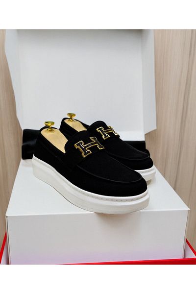 EXCLUSIVE STYLE HÉRITAGE - Black velvet loafers with white sole