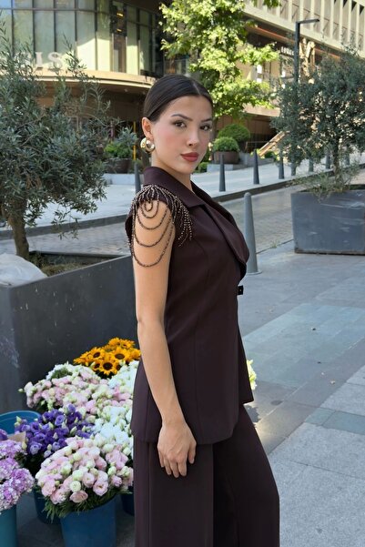 lodmela Βραδινό Ασύμμετρο Σετ Φόρεμα με Λεπτομέρεια Επεξεργασίας Ώμου 2389-Καφέ