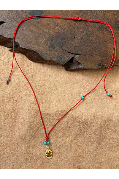 Rupen Kraft 925 Ayar Şık Gümüş Altın Kaplama Kırmızı İpli Yonca Kolye Gümüş Y...