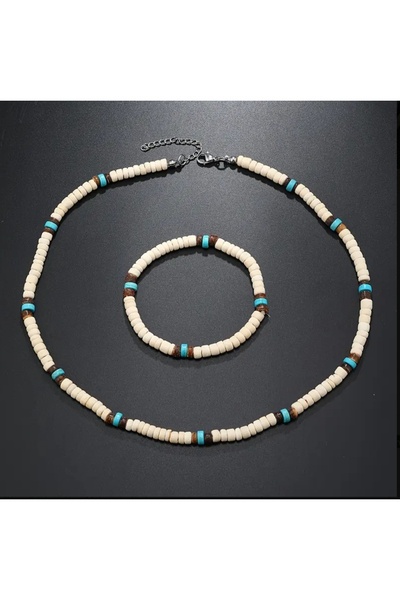 ORGANICYOU Yiwushi 2Pcs Men Bohemian Coconut Shell Wood Beads Necklace & Bracelet Set