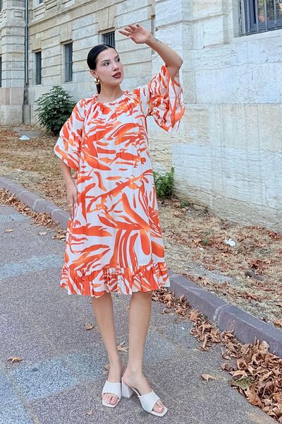 lodmela Lapel Elastic Ruffle Detailed Comfortable Form Viscose Dress 6024-Orange