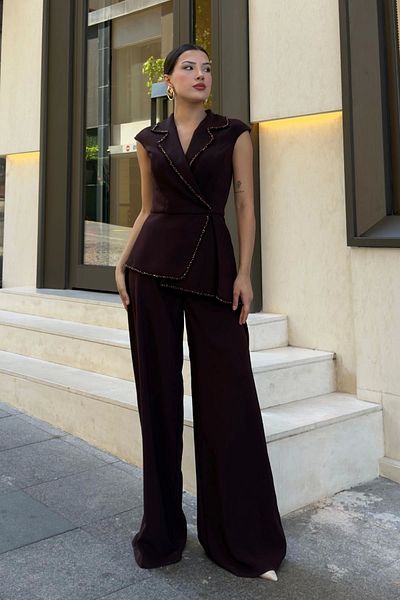 lodmela Asymmetrical Evening Dress Set with Beadwork Detail 2388-Brown