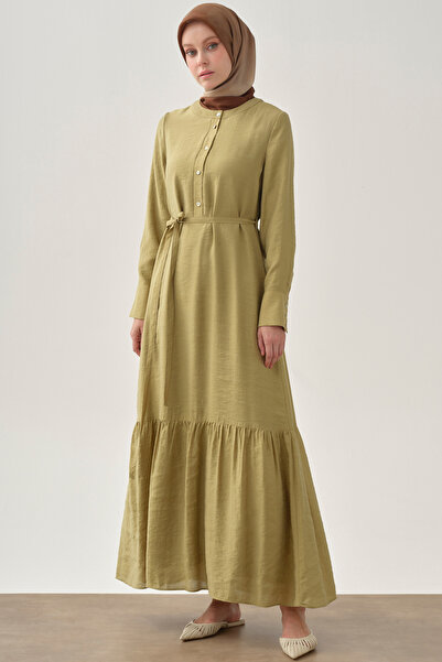 Tuğba Yarım Patlı Büzgü Etekli Elbise - Olive