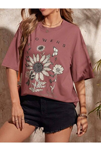 LAYORA Women's Oversize T-Shirt - Dusty Rose with Floral Pattern |   Comfortable and Stylish Daily Combination