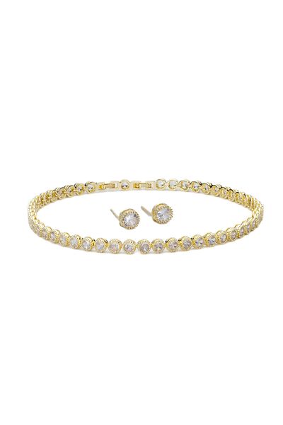 ElectraStore Tennis Splendor Gold Necklace + Earrings Set