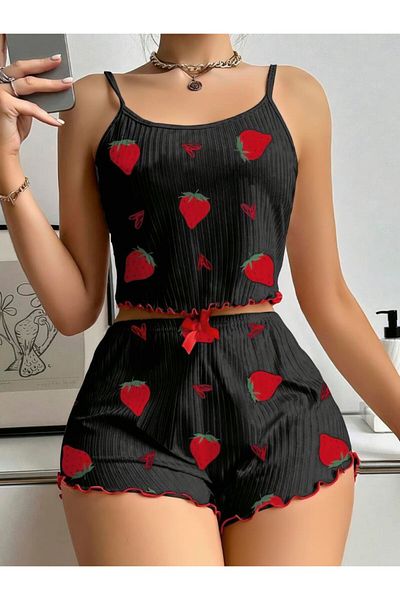 Aria's Closet Cotton Black Strawberry Patterned Ribbed Strap Shorts Pajama Set