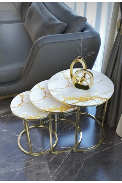 AlberoLife 3'lü Lüx C Zigon Sehpa Gold Ayak BEYAZ SARI MERMER KIRILMAZ CAM