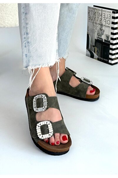 alfaze Buckle Belted Slippers Nubuck Green Heel Height 2.5 cm