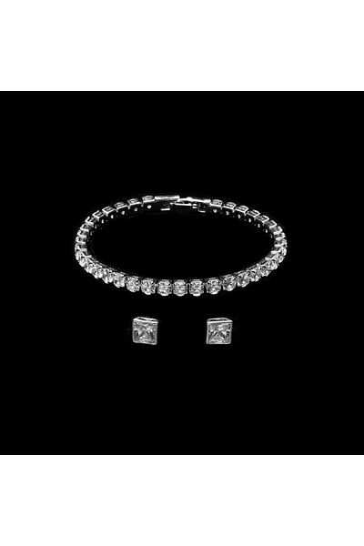 ElectraStore White Gold Plated Tennis Bracelet and Silver Earrings Set