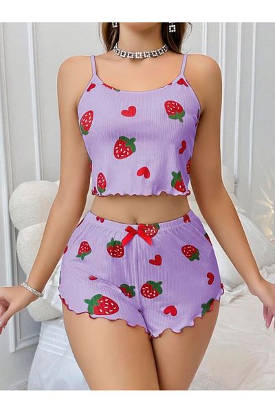 Aria's Closet Cotton Lilac Top with Strawberry Pattern Ribbed Strap Shorts Pajama Set