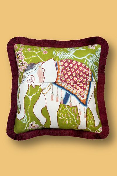 Alseko Concept Husă de pernă decorativă pătrată de 43x43 cm cu ciucuri de burgundă și model de elefant
