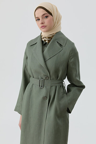 Tuğba Kemerli Keten Trenç - Haki