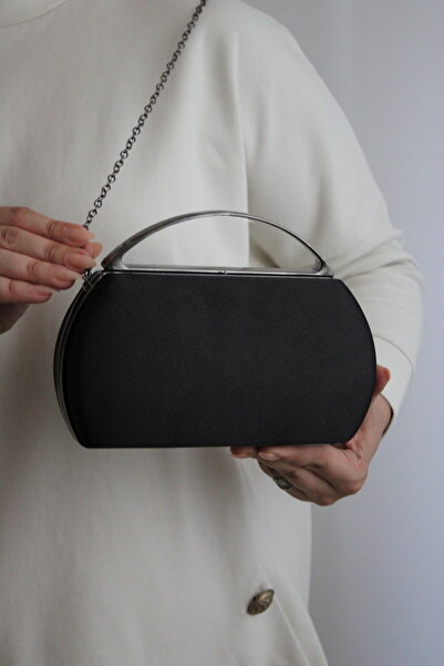 Mimoza Women's Satin Black Elegant Metal Handle Cross Strap Evening Bag