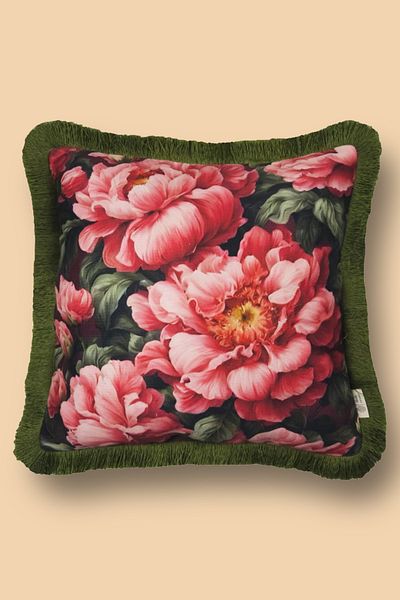 Alseko Concept Husă de pernă decorativă pătrată de 43x43 cm cu ciucuri verzi și model de flori roz