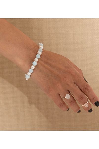 ElectraStore Handmade Bracelet Made of Natural Aquamarine Stones and Pearls