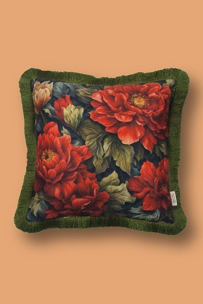 Alseko Concept Husă de pernă decorativă pătrată de 43x43 cm cu ciucuri verzi și model de flori roșii