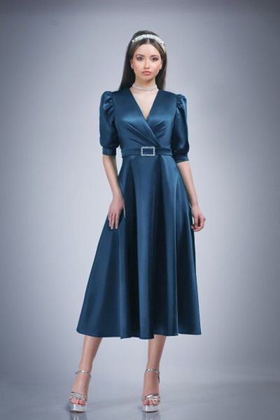 OPHIRA Midi Satin Occasion Dress in Petrol Blue