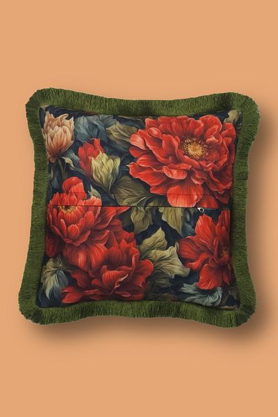 Alseko Concept Husă de pernă decorativă pătrată de 43x43 cm cu ciucuri verzi și model de flori roșii