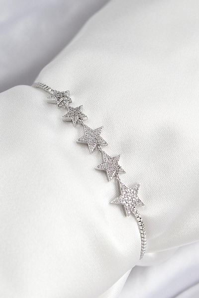 Esnoria Brass Zircon Stone Row Star Model Silver Color Elevator Women's Bracelet