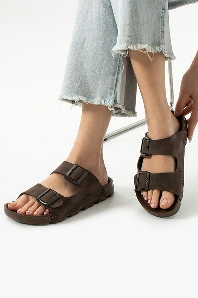 LUXEON Women's Brown Daily Double Buckle Non-Slip Sole Slippers Comfortable Sole Lightweight Sea Beach Pool Sandals
