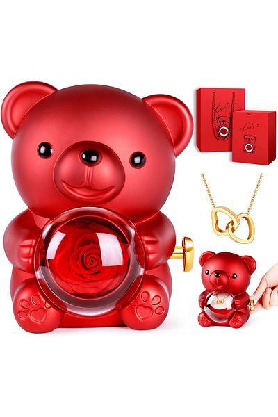 Generic Eternal Rose Teddy Bear Gift Box, Eternal Flower with Bear Necklace Jewelry Boxes