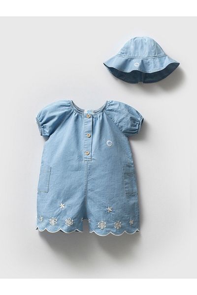 PİTABABY 100% Cotton Hat Embroidered Baby Girl Jumpsuit – Denim Blue