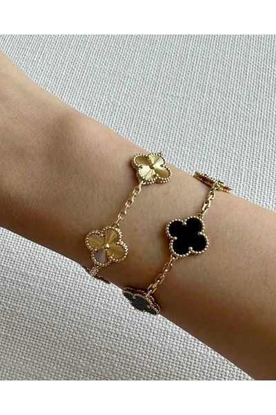 ElectraStore Gold & Onyx Flower Bracelet Set
