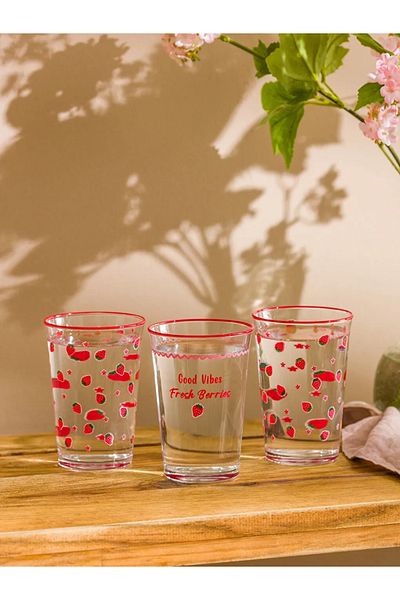 LC Waikiki Lcw Home Red Strawberry Printed Glass Cup Set of 3 290 ml