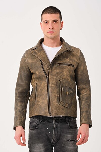 SVELG OLDYR - Fermuarlı Zeytin Yeşil Biker Erkek Deri Ceket