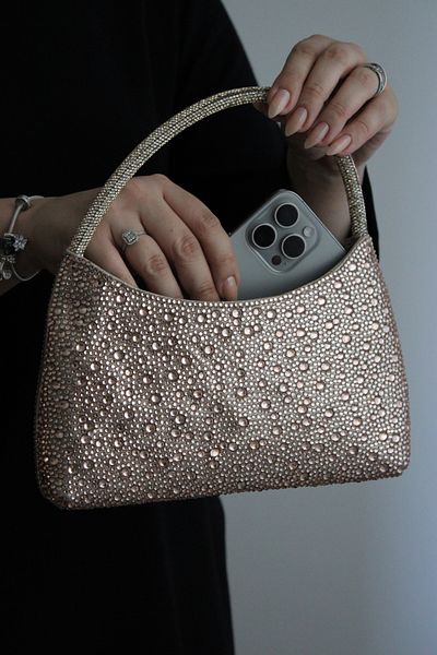 Mimoza Women's 3 Sizes Stone Crystal Textured Shiny Shoulder & Chain Strap Evening Dress Bag