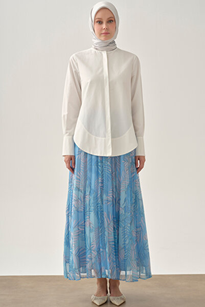 Tuğba Beli Lastikli Desenli Plisoley Etek - Mavi