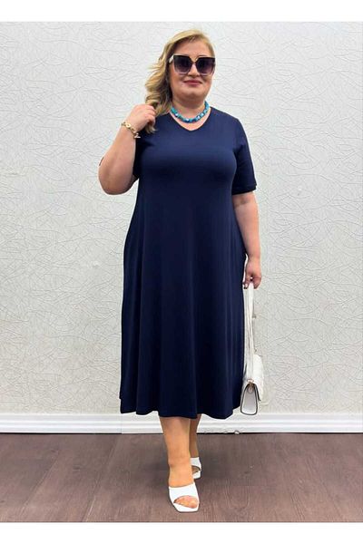 KLEERMAKER Women's Plus Size Cotton Viscose Fabric Navy Blue Dress with Pockets