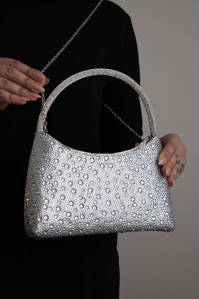 Mimoza Women's 3 Sizes Stone Silver Crystal Textured Shiny Shoulder & Chain Strap Evening Dress Bag