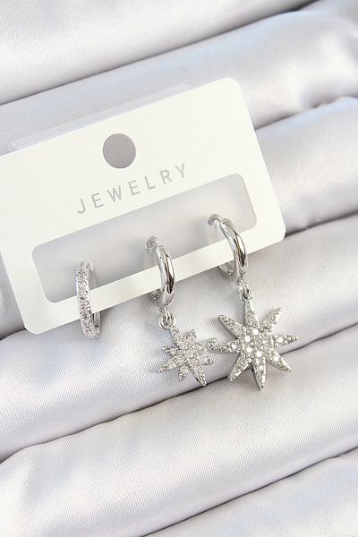 PRATİKOBA Bfs brass zircon stone pole star model silver color 3 pairs women's earring set