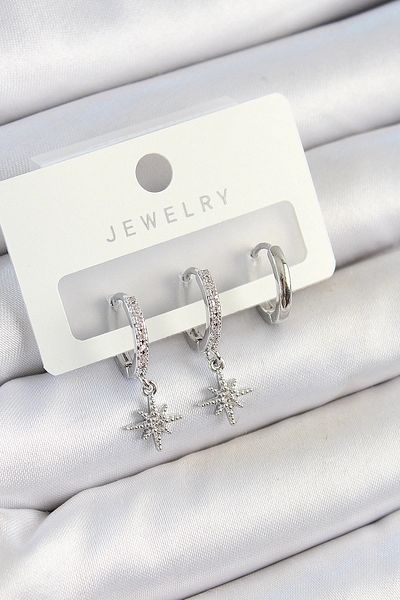 PRATİKOBA Bfs brass zircon stone pole star model silver color 3 pairs women's earring set