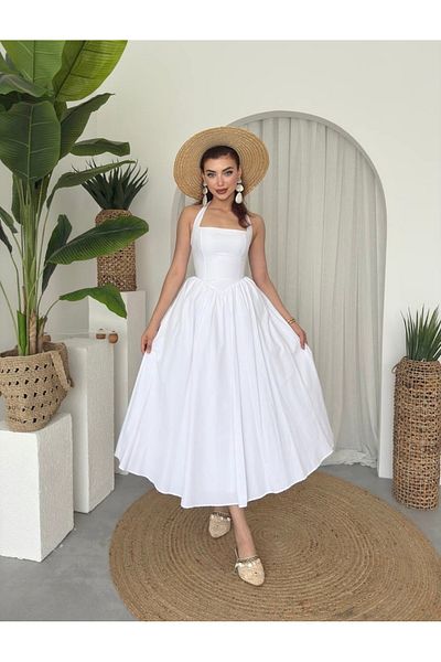 Afiş Butik White Thick Strap Halter Neck Pleated Dress