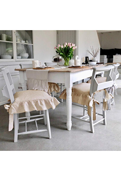 Sister Home Design 4 Adet İskandinav Stil Çizgili Fırfırlı Sandalye Minderi B...