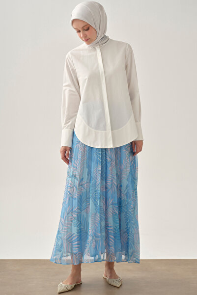 Tuğba Beli Lastikli Desenli Plisoley Etek - Mavi