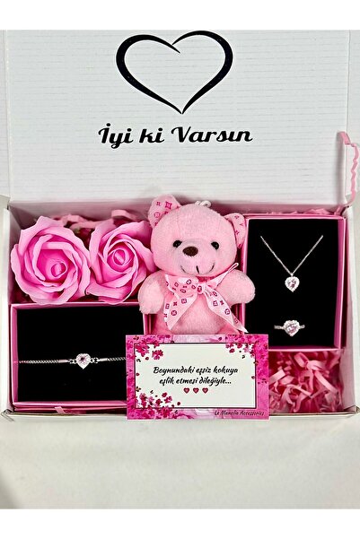 Perry Accesories kararmaz çelik pembe kalp kolye bileklik yüzük seti ,ayıcık ve kokulu gül sevgiliye hediye seti