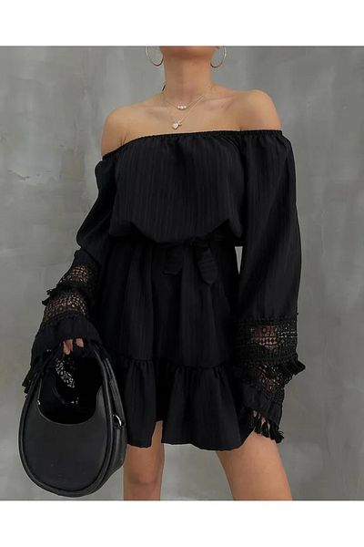 FASHION COCKTAIL Rochie de vară boemă naturală cu mâneci extra lungi, strat dublu, broderie din dantelă, guler Madonna, curea fără umeri