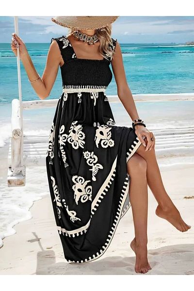 Gökyüzü Moda Women's Strap Square Neck Gipe Detailed Patterned Suprem Dress