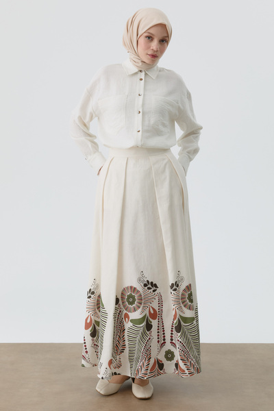 Tuğba Etnik Desenli Etek - Bej