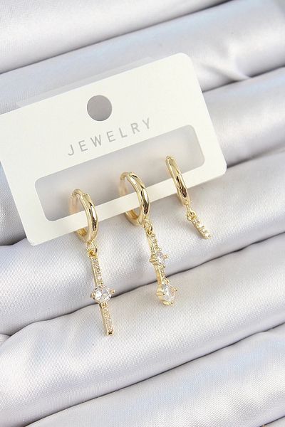PRATİKOBA Bfs brass zircon stone dangle model gold color 3-piece double women's earring set