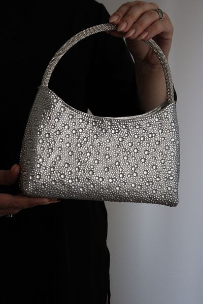 Mimoza Women's 3 Sizes Stone Crystal Textured Shiny Shoulder & Chain Strap Evening Dress Bag